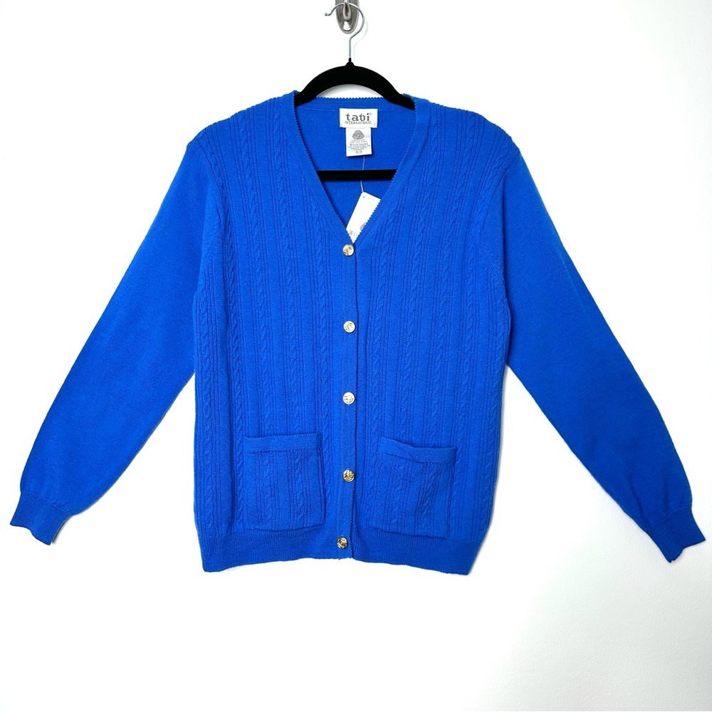 Tabi Cobalt Blue Wool Old Money Cable Knit Heritage Clean Girl V-Neck Cardigan